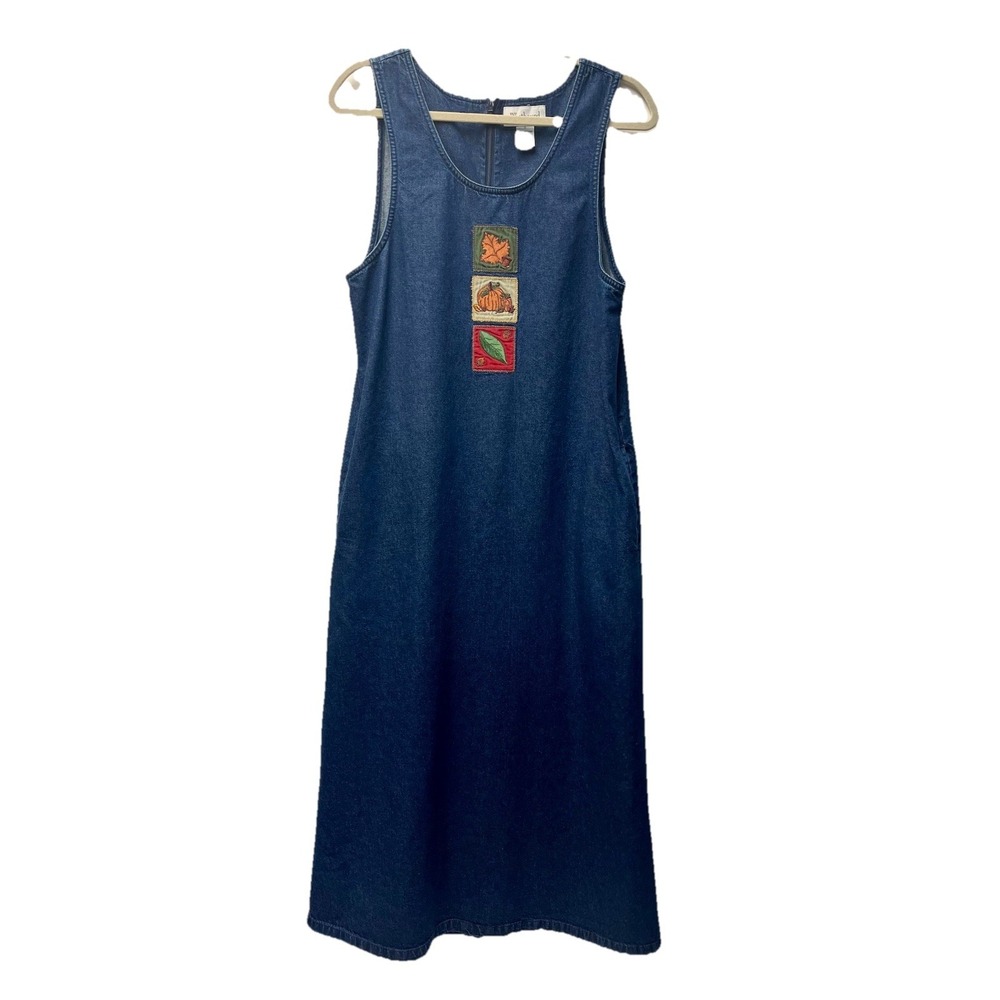 VTG Westbound S Denim Maxi Jumper Dress Fall Embroidered Artsy Boho 90s Prairie